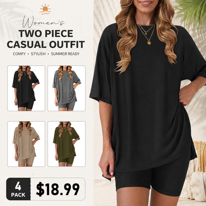 Women's two-piece set: slit-hem shirt paired with shorts