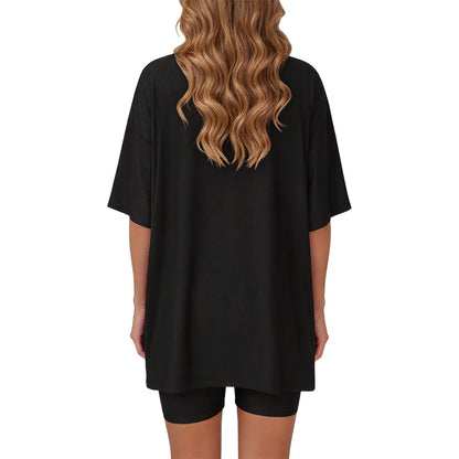 Women's two-piece set: slit-hem shirt paired with shorts