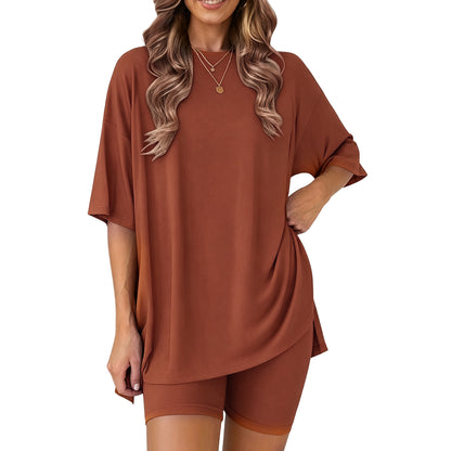 Women's two-piece set: slit-hem shirt paired with shorts