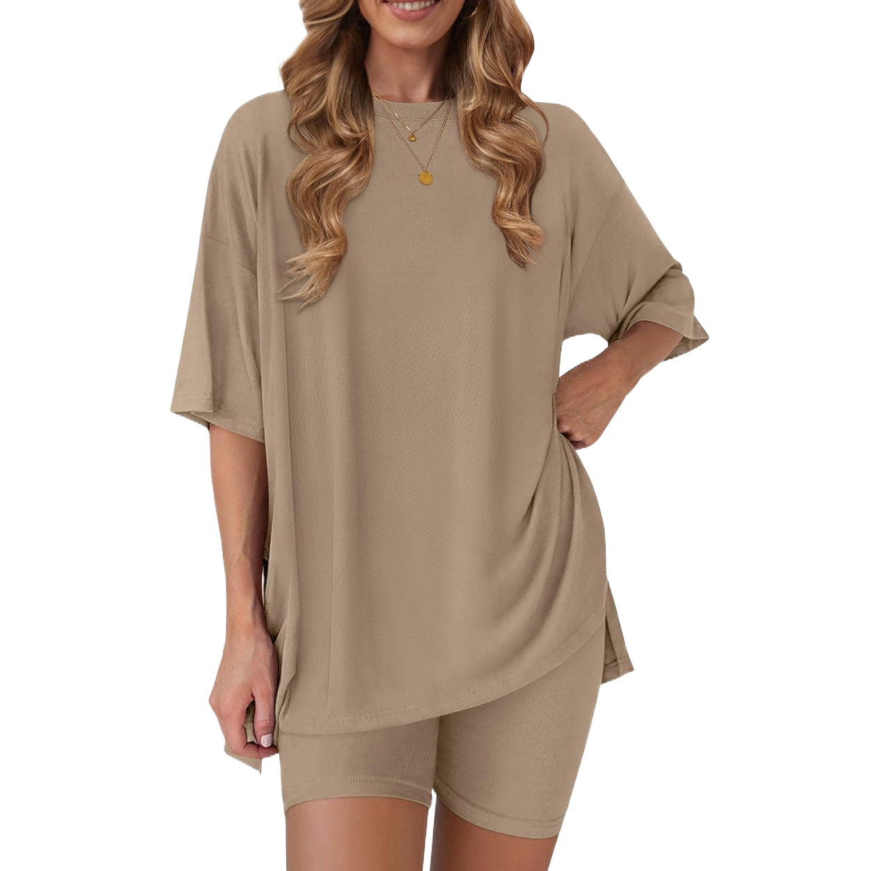 Women's two-piece set: slit-hem shirt paired with shorts