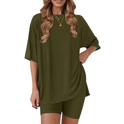 Women's two-piece set: slit-hem shirt paired with shorts