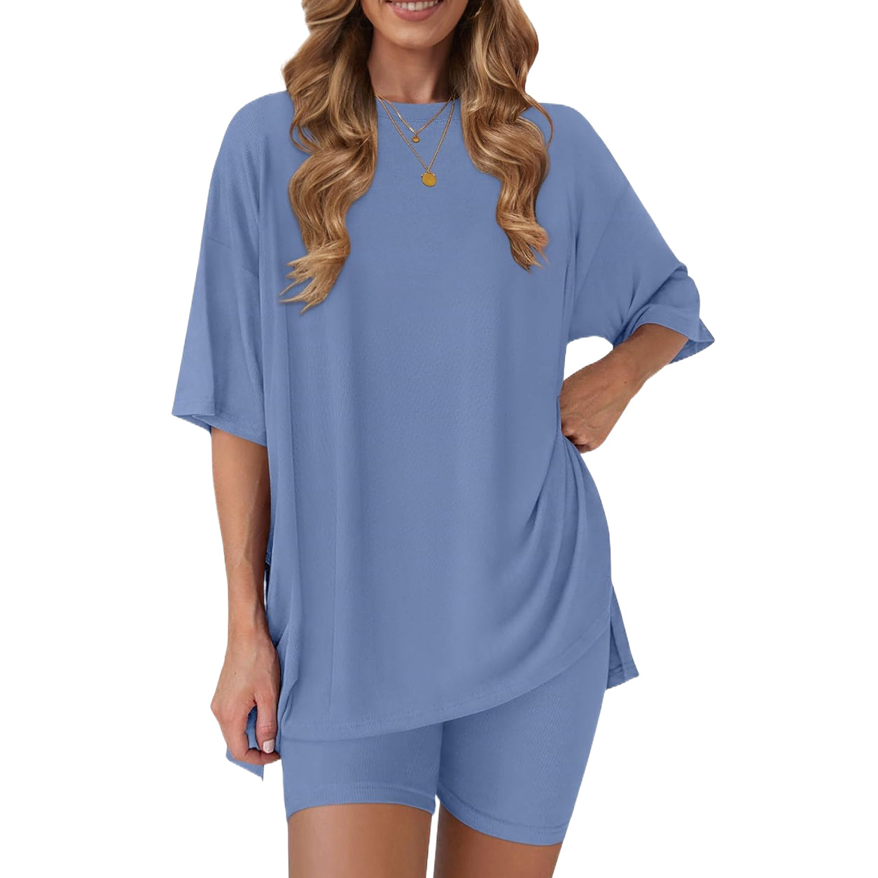 Women's two-piece set: slit-hem shirt paired with shorts