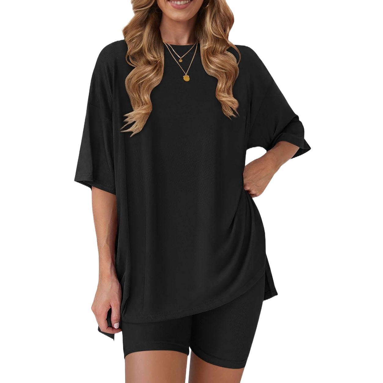Women's two-piece set: slit-hem shirt paired with shorts